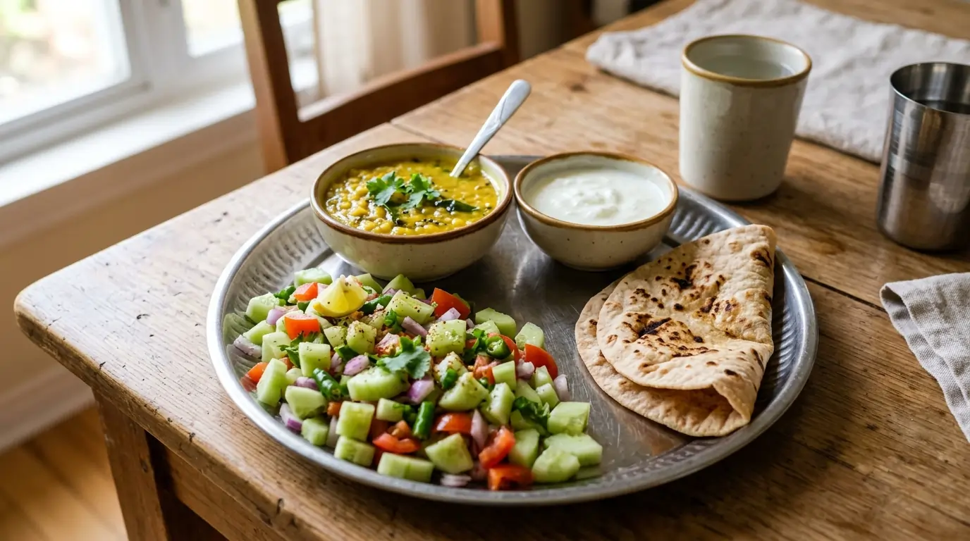 Balanced Indian lunch thali with salad, dal, and roti for healthy weight loss.