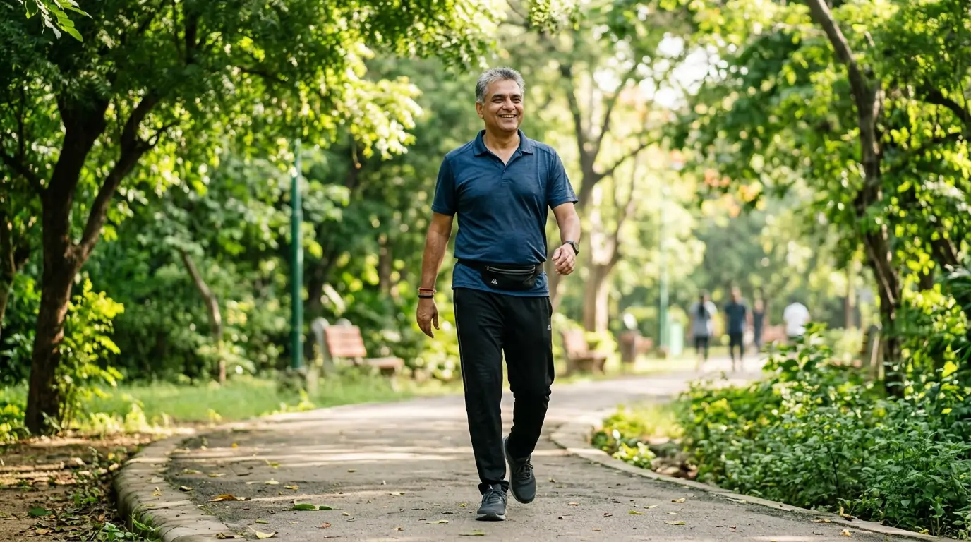 An Indian man walking in a park to burn calories and lose weight naturally.