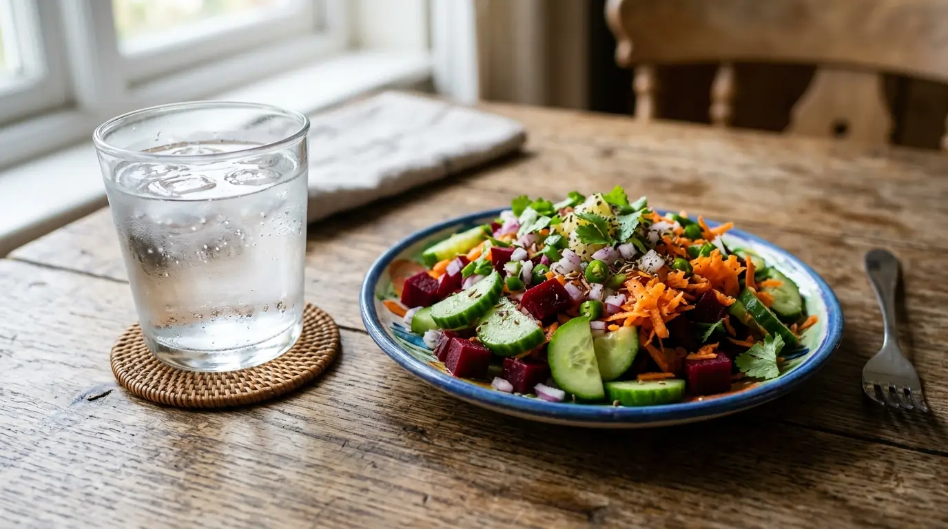 Healthy lifestyle habits showing water and salad for weight loss.