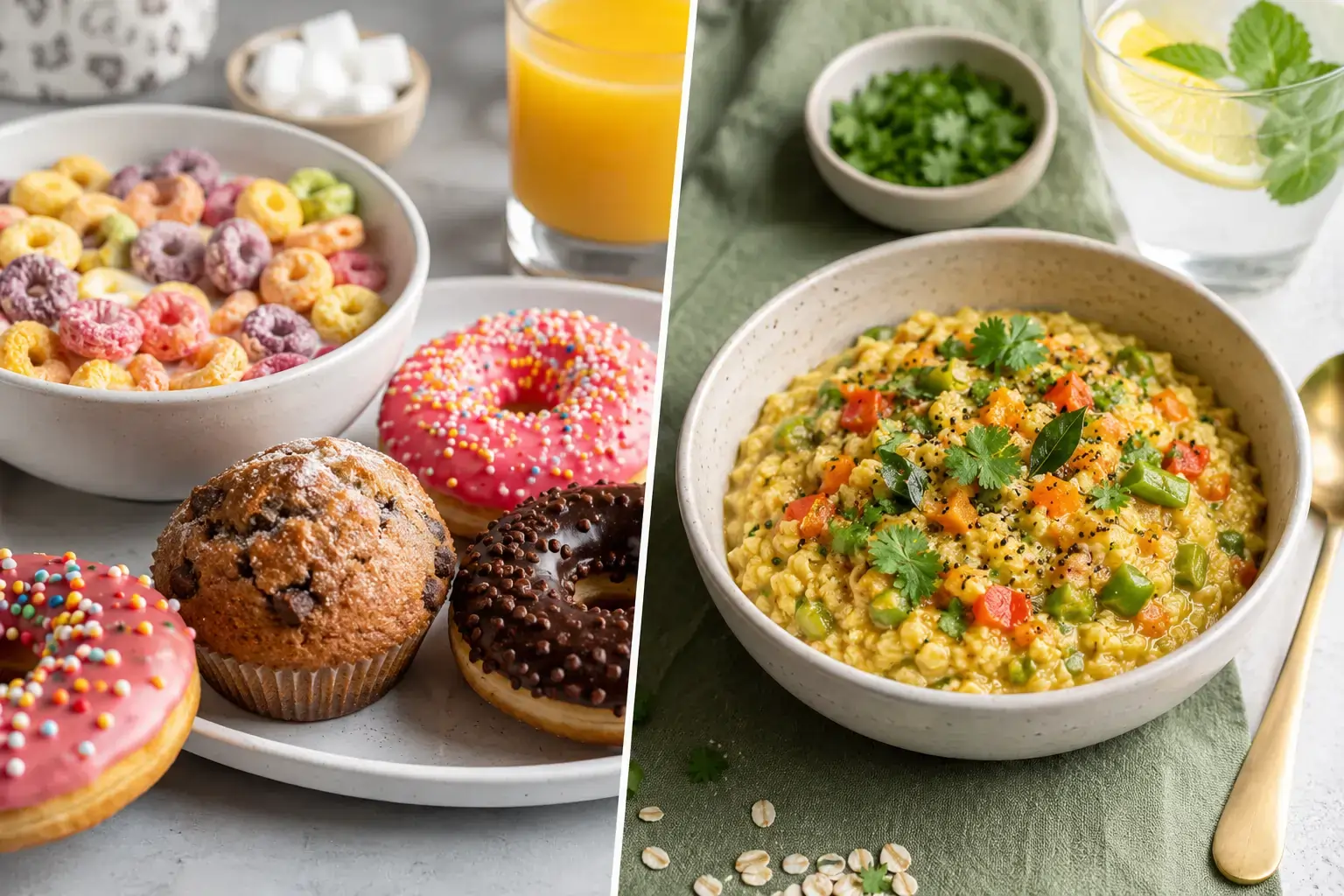 Comparison of healthy and unhealthy morning breakfast foods