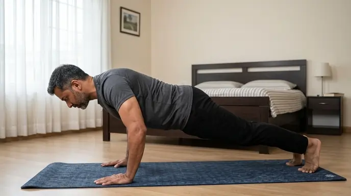An Indian man executing a perfect push-up posture during a home workout for weight loss.
