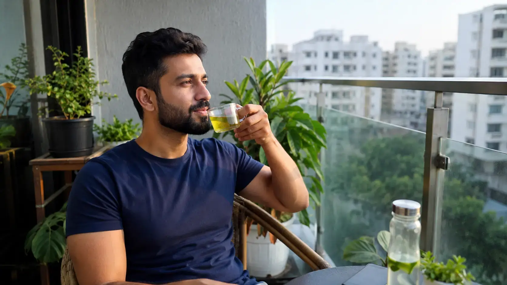 Indian man drinking morning detox water on balcony