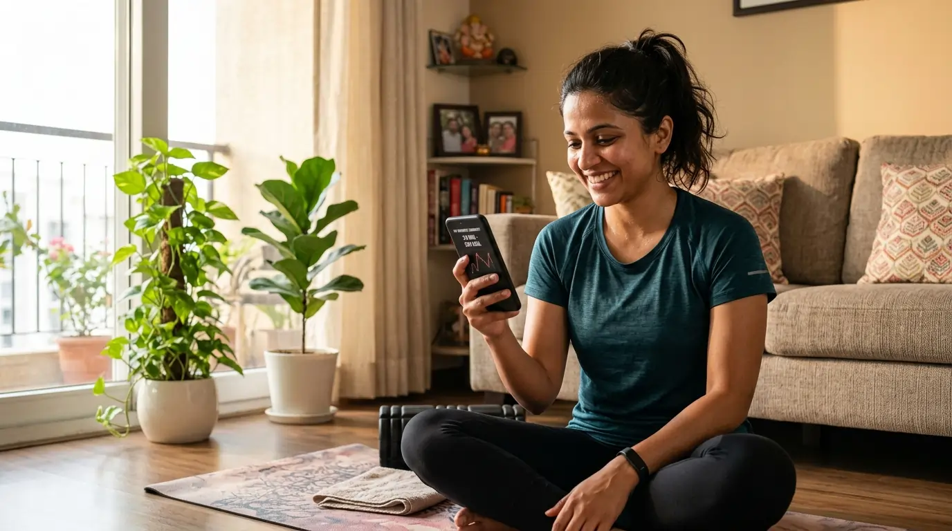 A young Indian woman checking her fitness tracker after completing a daily weight loss workout at home.