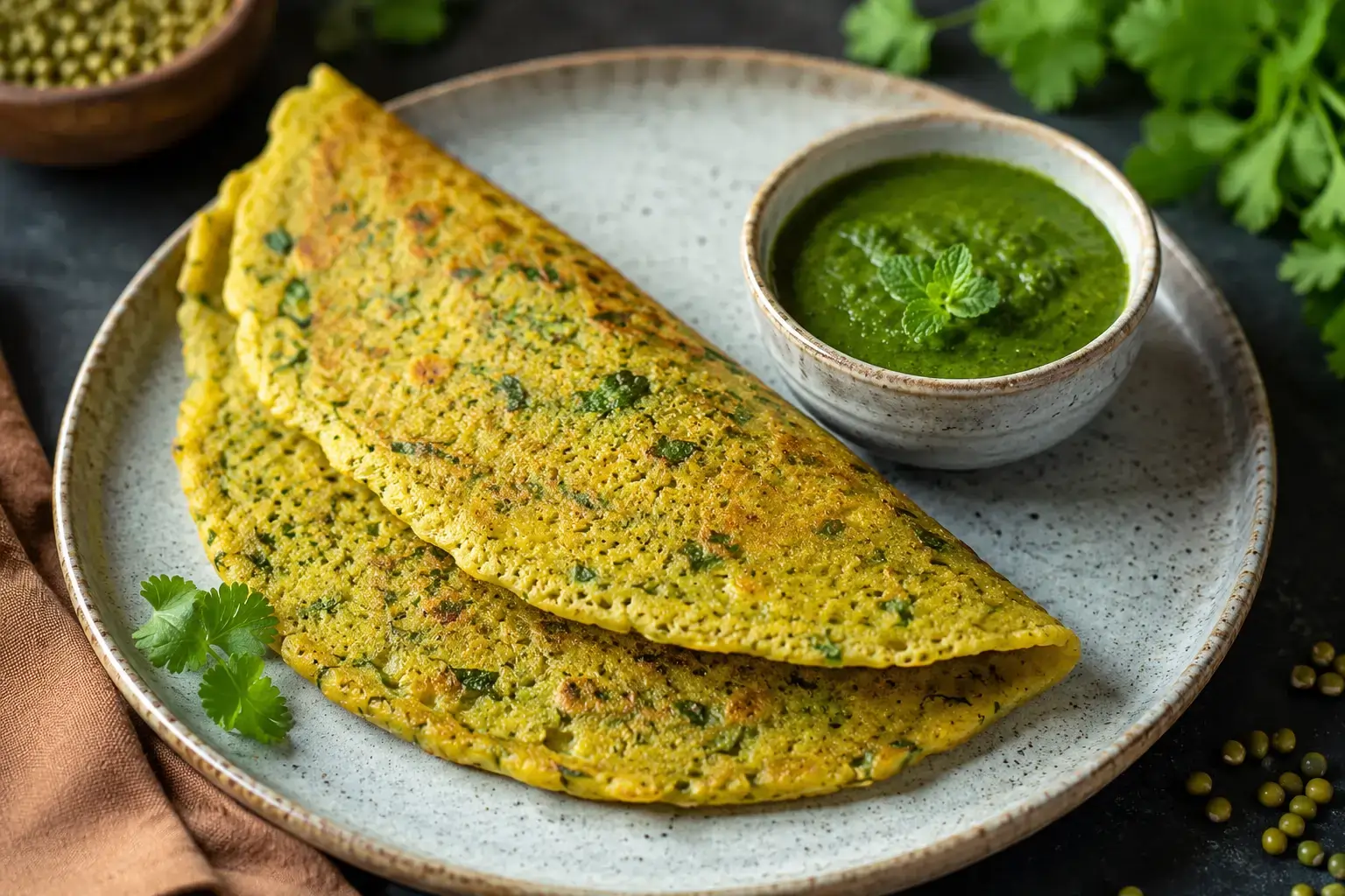 High protein moong dal chilla on a plate with green chutney