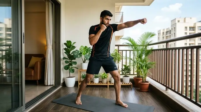Young Indian guy performing shadow boxing cardio workout at home for fat loss.